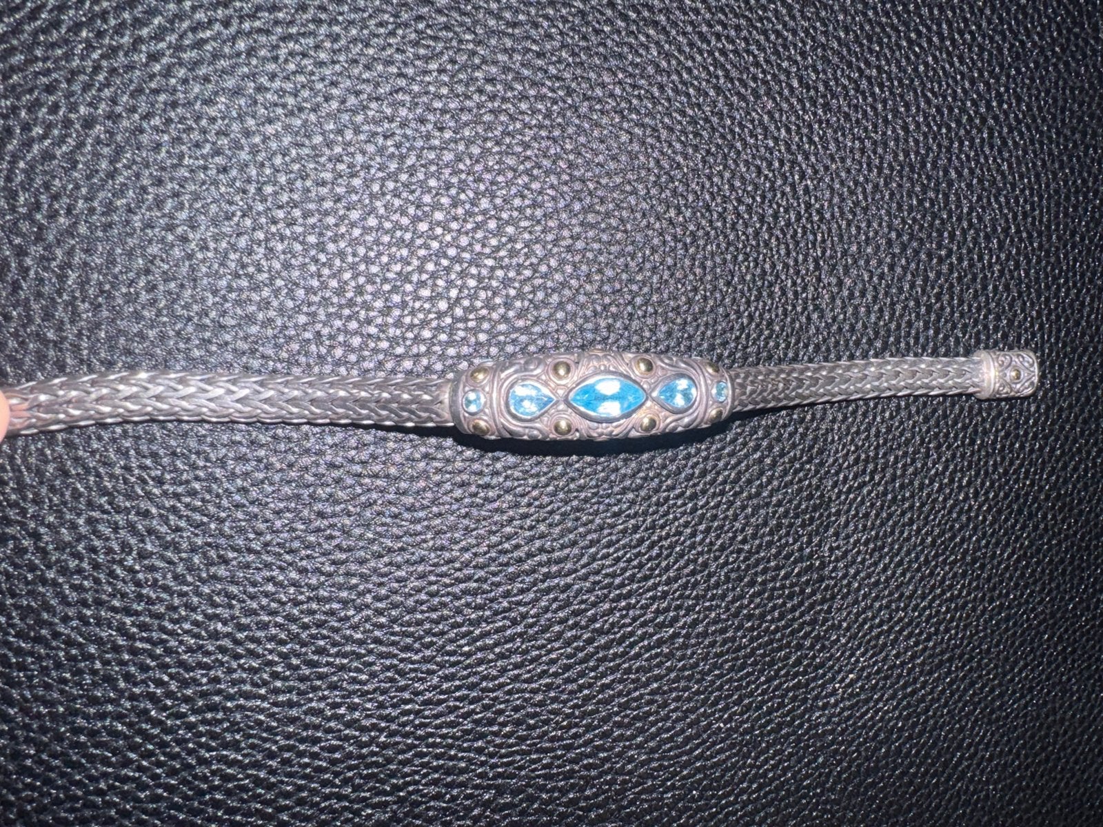 Zilveren 925 Cuff Armband met Blauwe Topaas en Goudaccenten, Gebruikt, Blauw, Ophalen of Verzenden, Met edelsteen