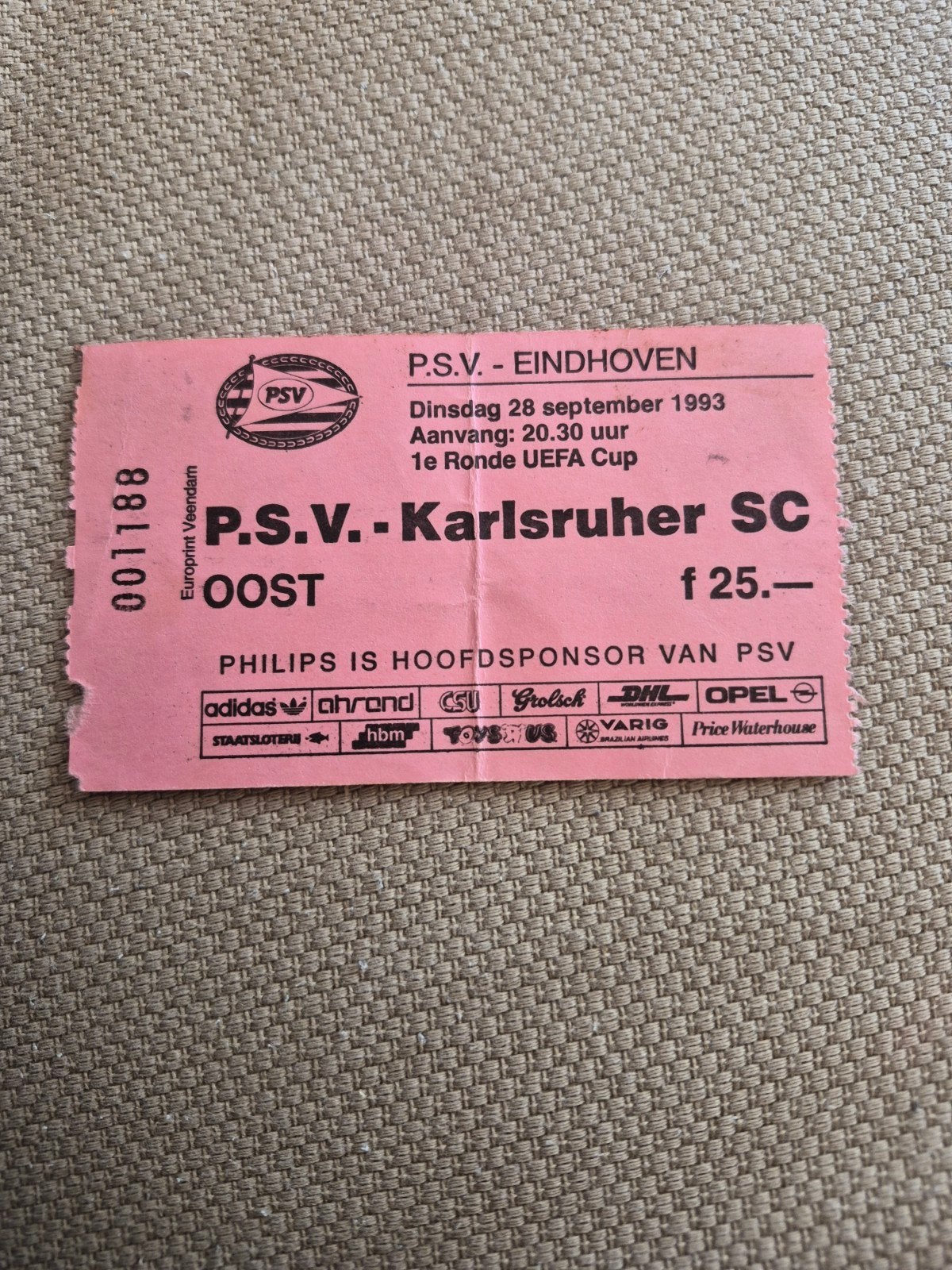 Ticket PSV - Karlsruher SC, Ophalen of Verzenden, Gebruikt, PSV, Overige typen