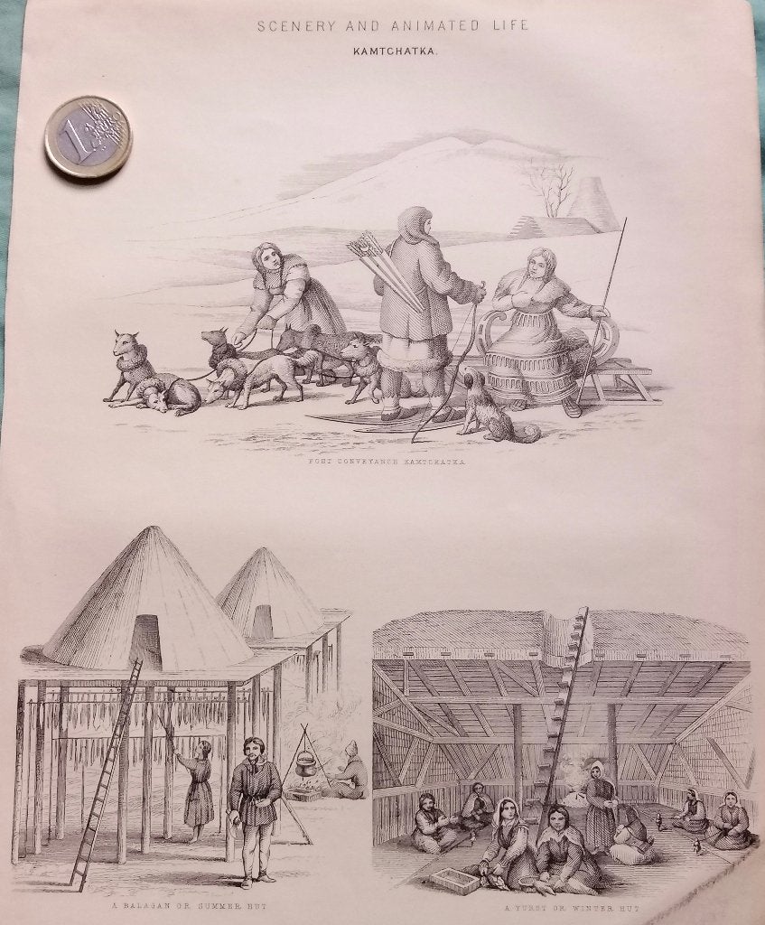 Scenery and animated life - Kamtsjatka - Gravure, Dagelijks leven, 1800 - 1899, Ophalen of Verzenden, Gravure
