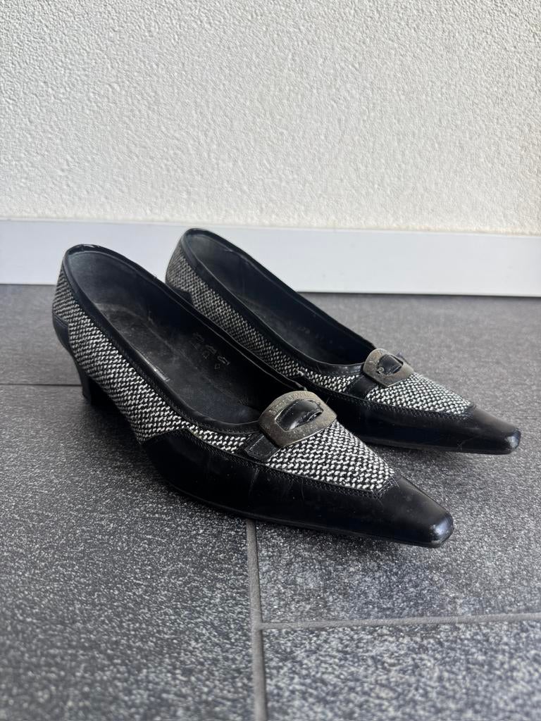 Vintage Y2K zwarte tweed leren kitten heel sandalen, Vintage, Vintage, Zo goed als nieuw, Vintage