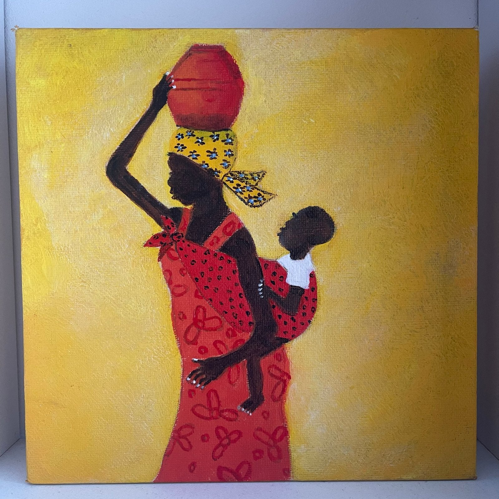 Afrikaanse moeder met kind - Schilderij, Antiek en Kunst, Schilderij, Afrika, Geschilderd, Geel