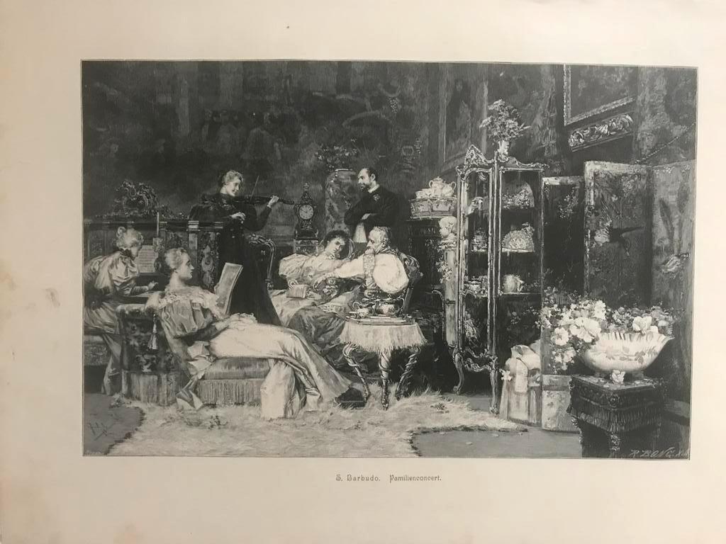 S. Barbudo, familienconcert, ca 1890, or. gravure, 31x20cm., Dagelijks leven, 1800 - 1899, Ophalen of Verzenden, 20 cm