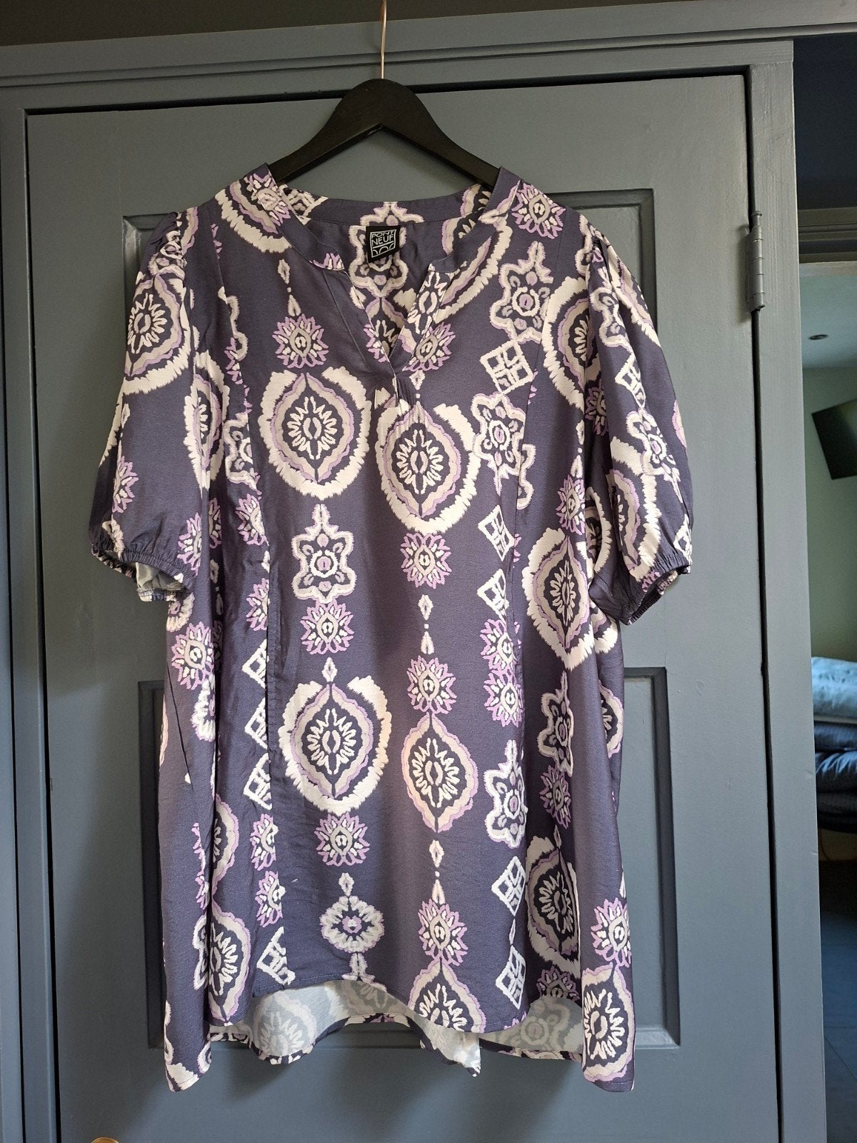 Pont Neuf Tuniek Maat 2XL (52) - Paars/Wit Patroon, Kleding | Dames, Paars, Maat 46/48 (XL) of groter, Korte mouw, Gedragen