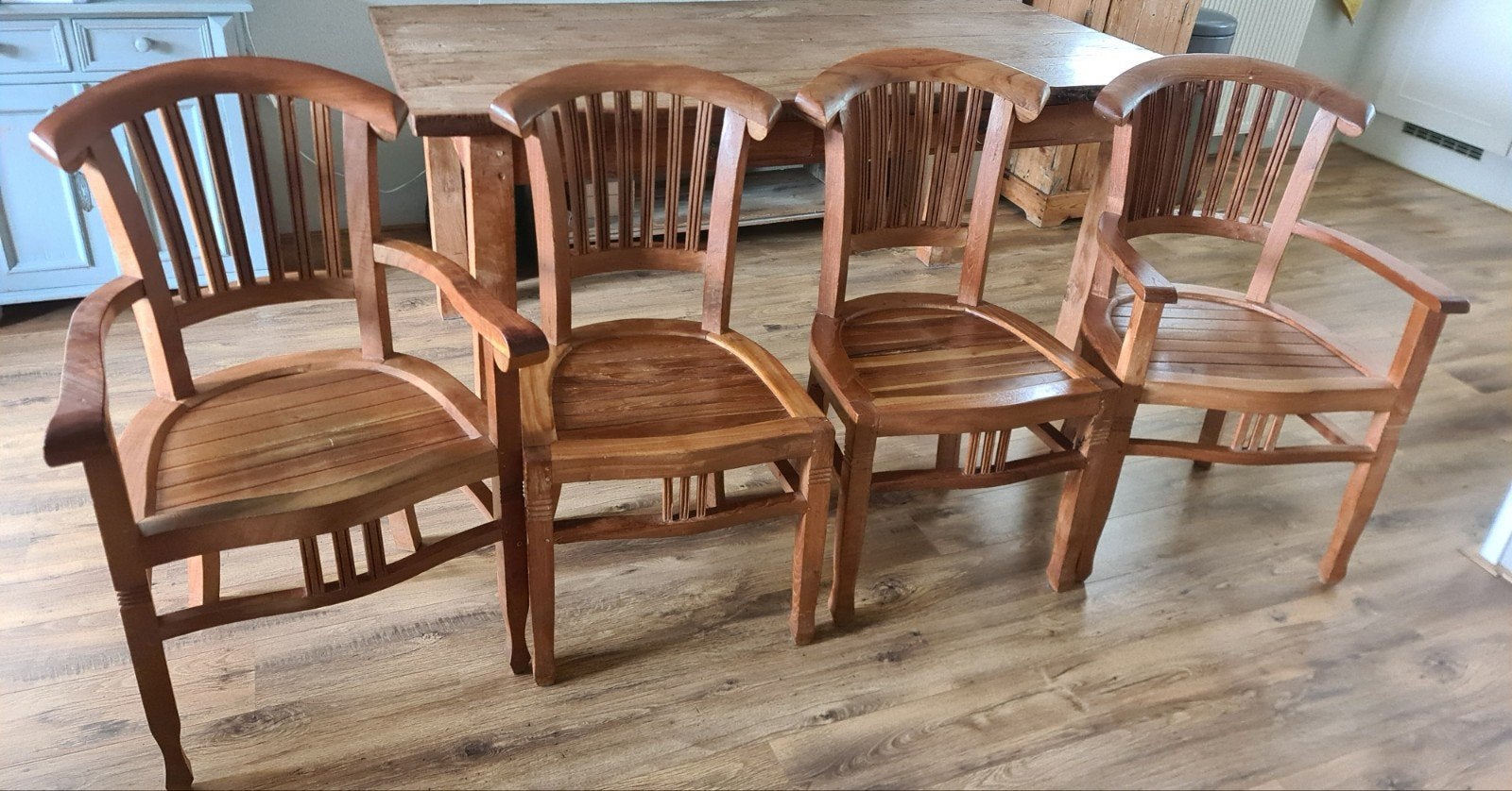 5 teakhouten eetkamerstoelen, Huis en Inrichting, Stoelen, Ophalen, Gebruikt, Bruin, Landelijk