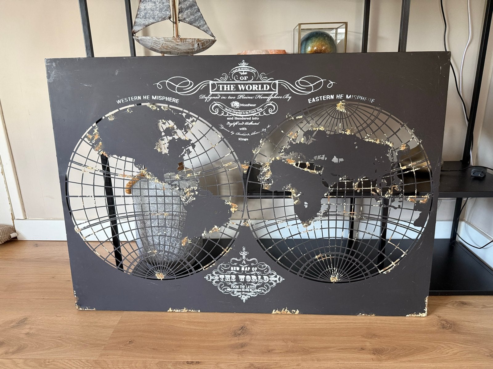 Wanddecoratie Wereldkaart Metaal Zwart, Ophalen, Metaal, Zwart, Vintage