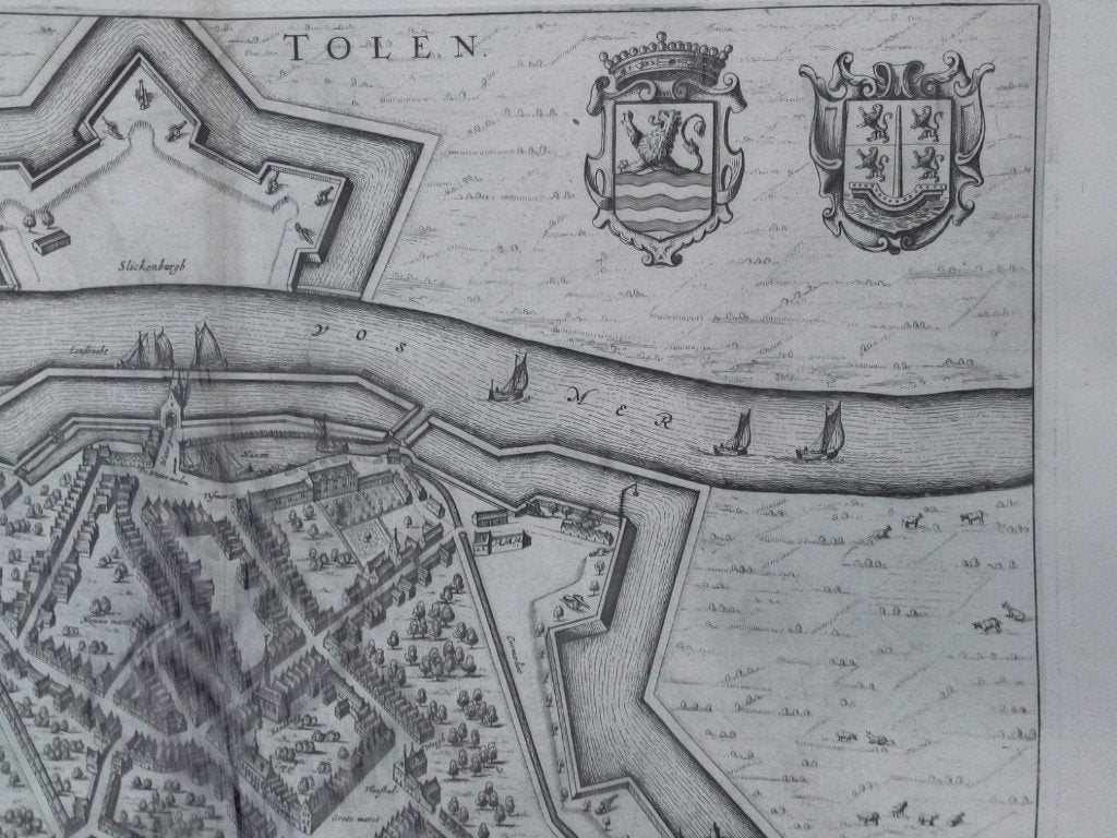 Tholen. 'Tolen' Blaeu kaart plattegrond. Ca. 1649, Cartografie, 50 cm, Gravure, Met tekst