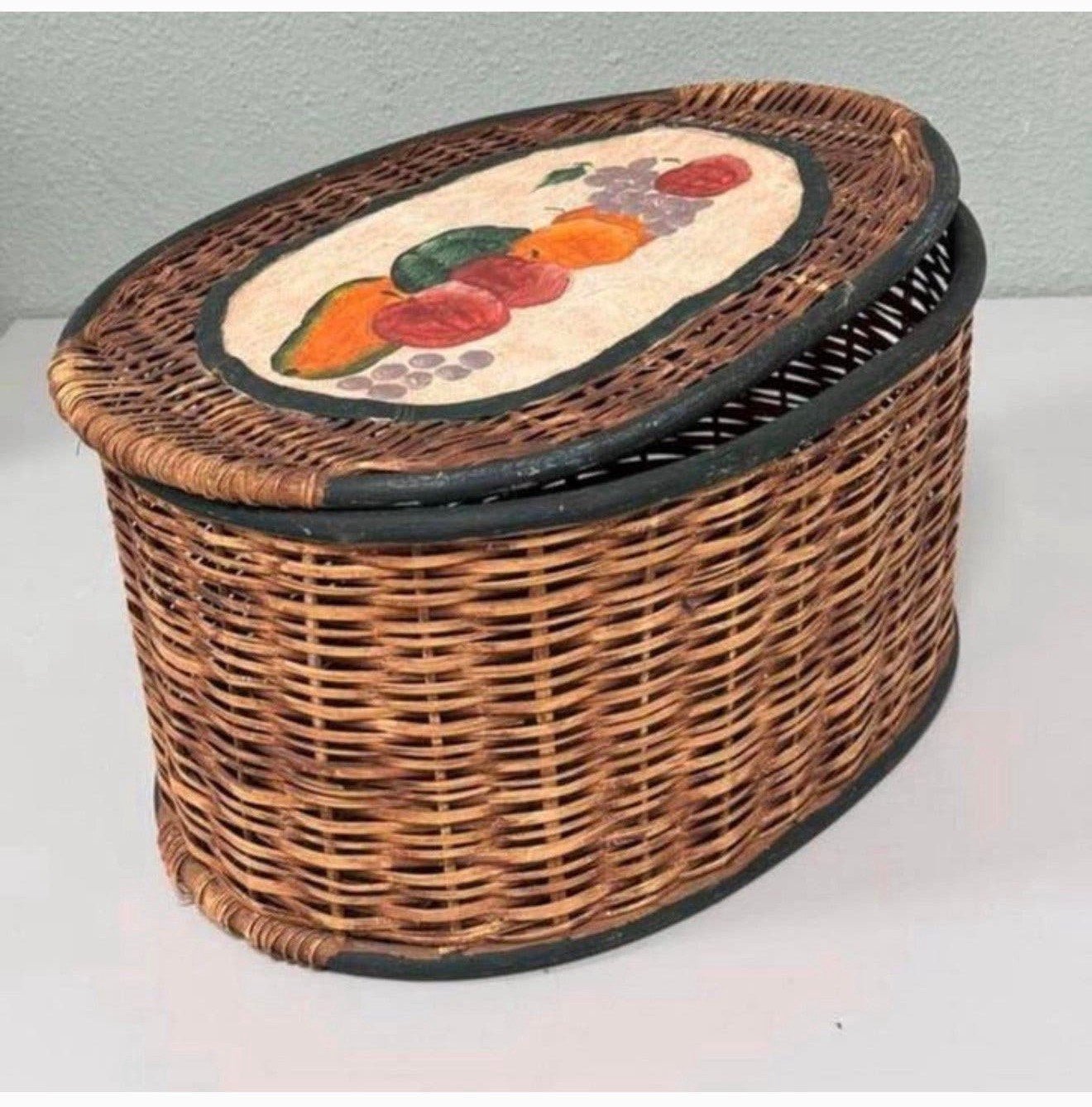 Grote rieten mand Rotan riet met schilderij deksel vintage, P, Mand, P, P