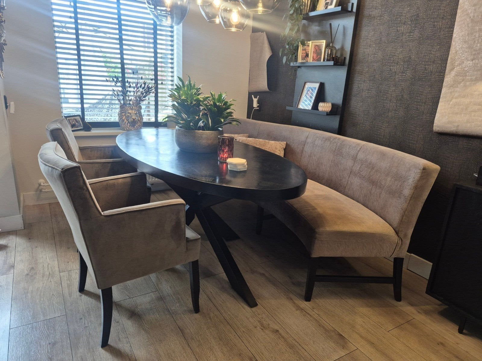 Prachtige eetbank brons goudkleurig met stoelen, Ophalen, Overige kleuren, Zo goed als nieuw, Stof