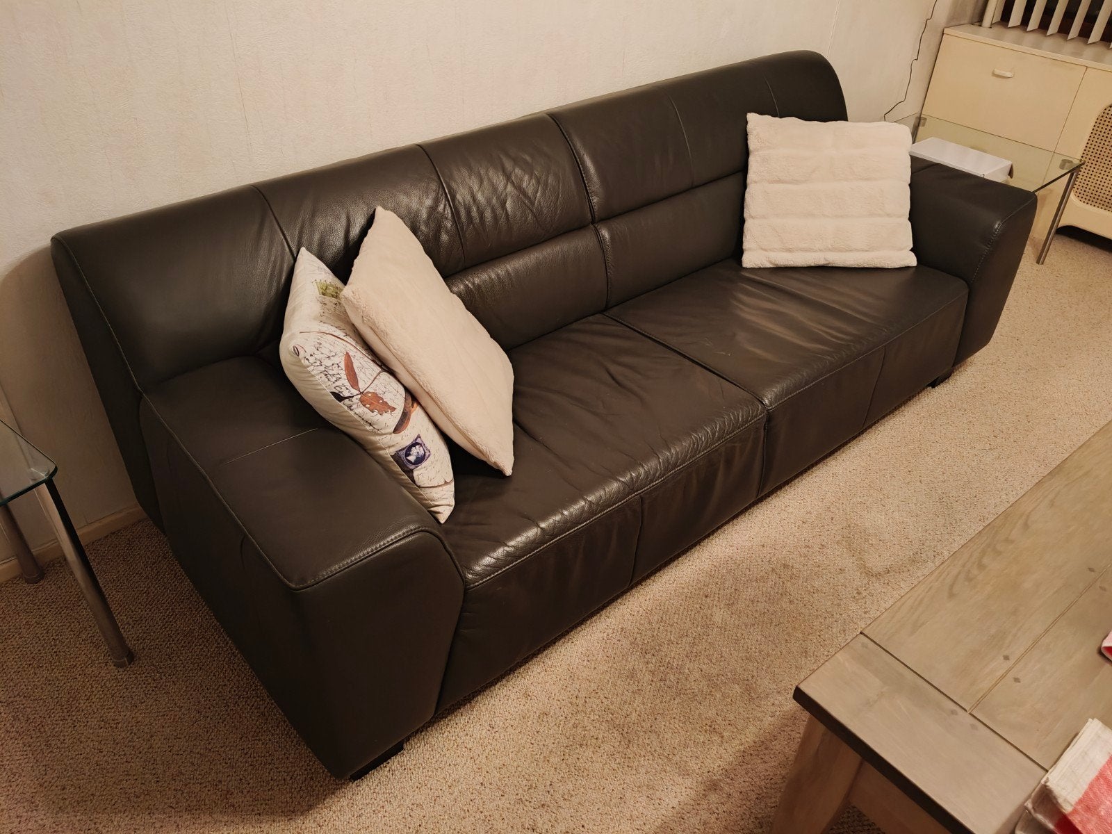 Comfortabele zwarte leren bank - 3-zits, Ophalen, 75 tot 100 cm, 200 tot 250 cm