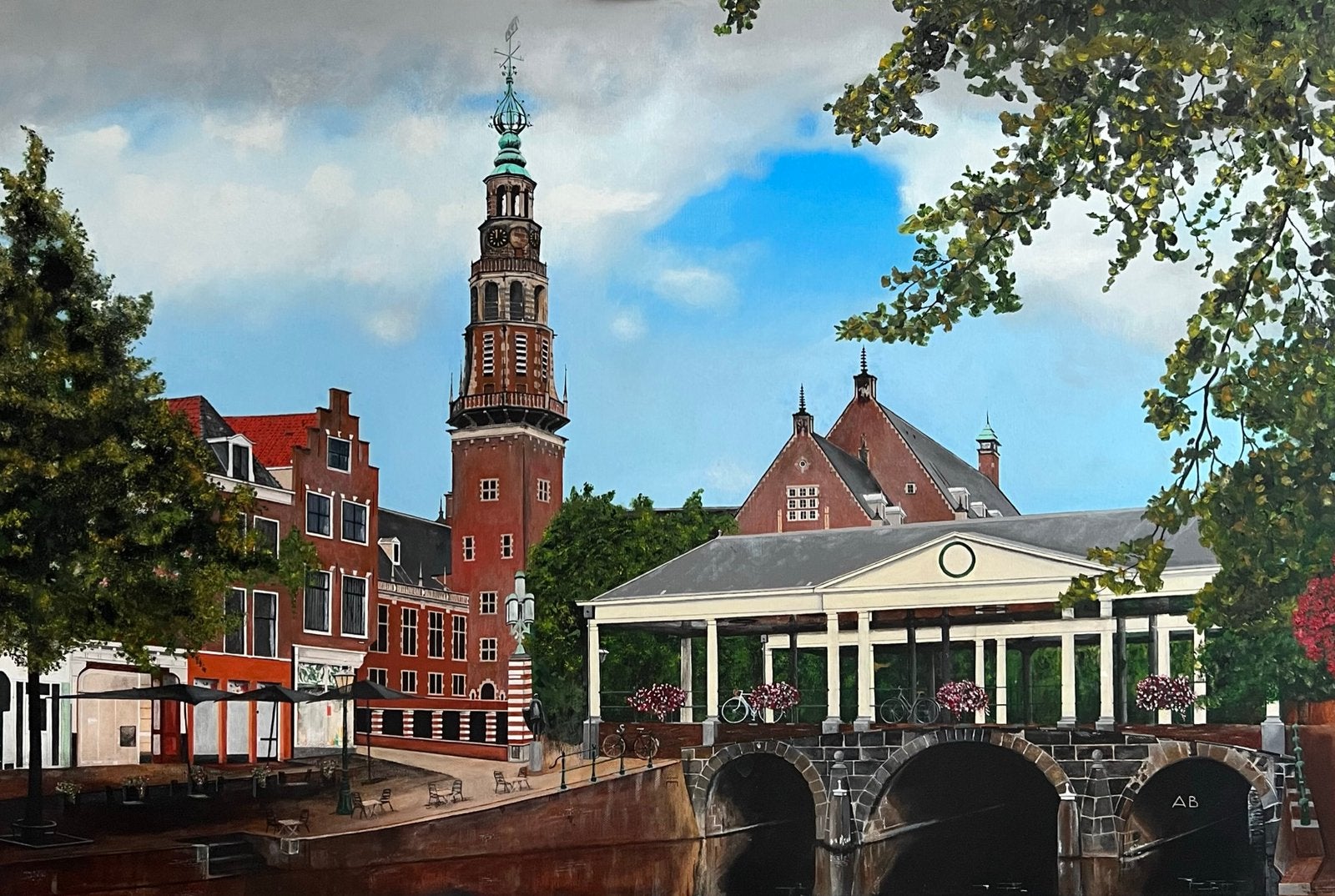 De koornbeurs brug achterzijde stadhuis Leiden, Antiek en Kunst, Kunst | Schilderijen | Klassiek, Ophalen