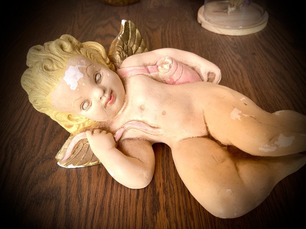Cupido Plaquette Engel antiek Vintage brocante beeld pastel, Verzenden, Zo goed als nieuw, Christendom | Katholiek