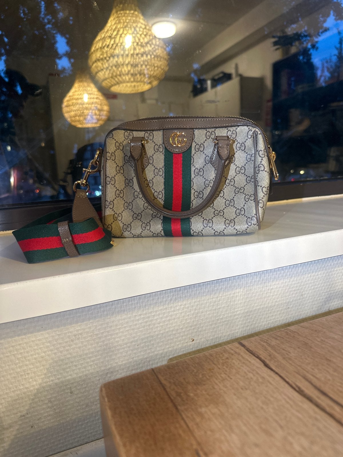 Gucci GG Supreme Boston tas met webdetail, Ophalen of Verzenden, Zo goed als nieuw, Bruin, Handtas