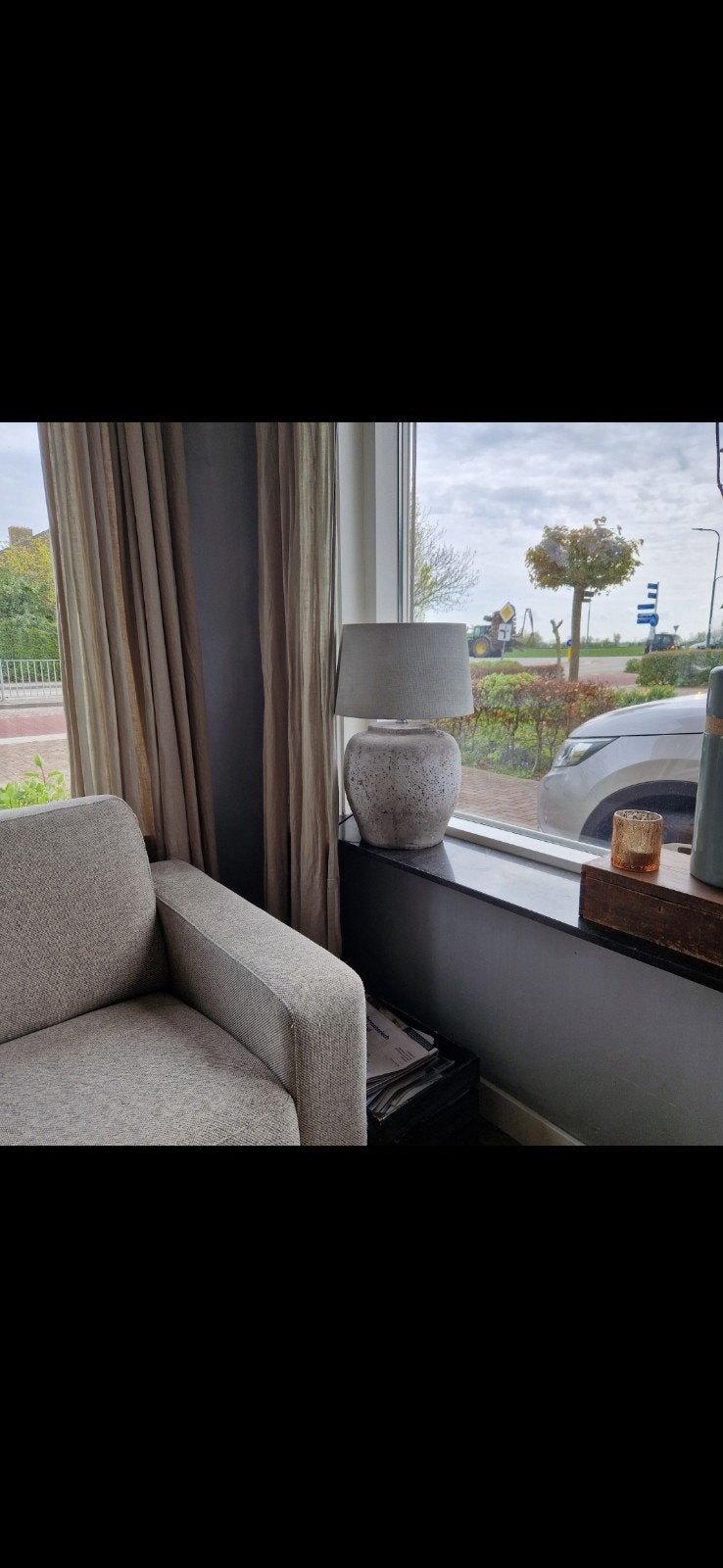 te koop schemerlamp met stenen voet en kalkverfkap, Ophalen, Overige merken, Natuurlijk materiaal, E27 (groot)