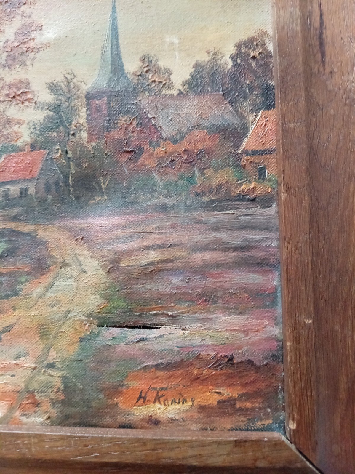 Schilderij H. Koning - Hollands landschap met molen en kerk, Ophalen of Verzenden