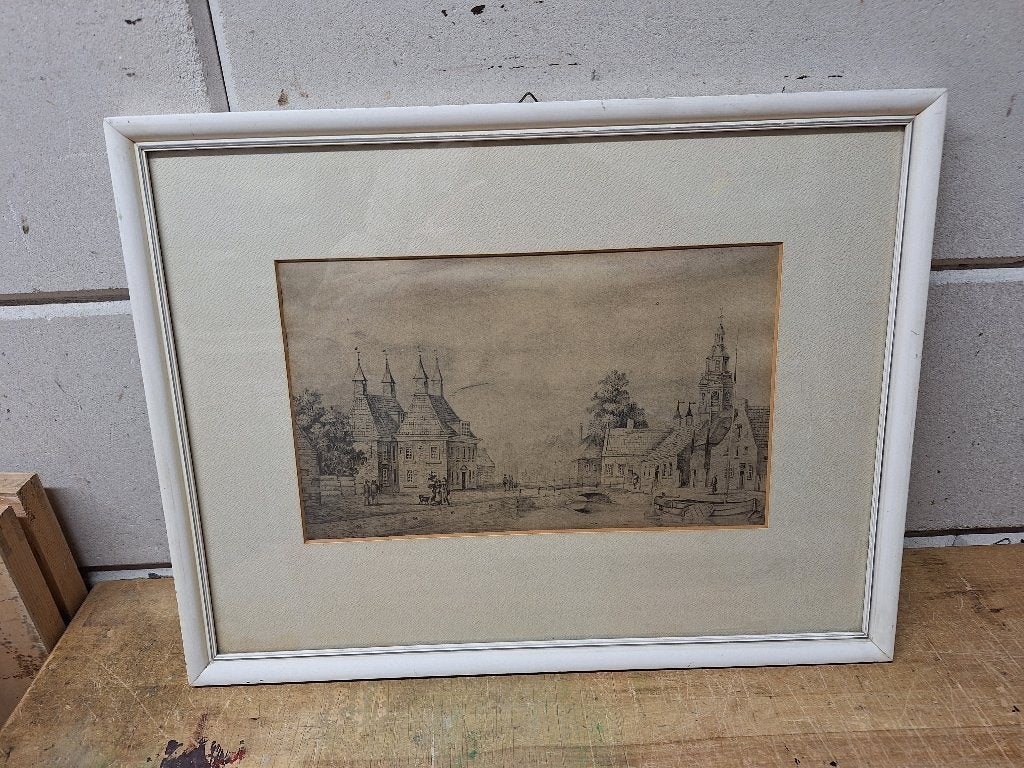 Oude ingelijste tekening van een dorpsgezicht, Ophalen of Verzenden