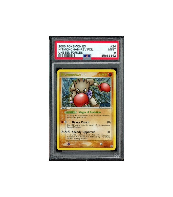 Pokemon Hitmonchan Reverse Holo EX Unseen Forces #24 PSA 9, Ophalen of Verzenden, Zo goed als nieuw, Losse kaart, Foil