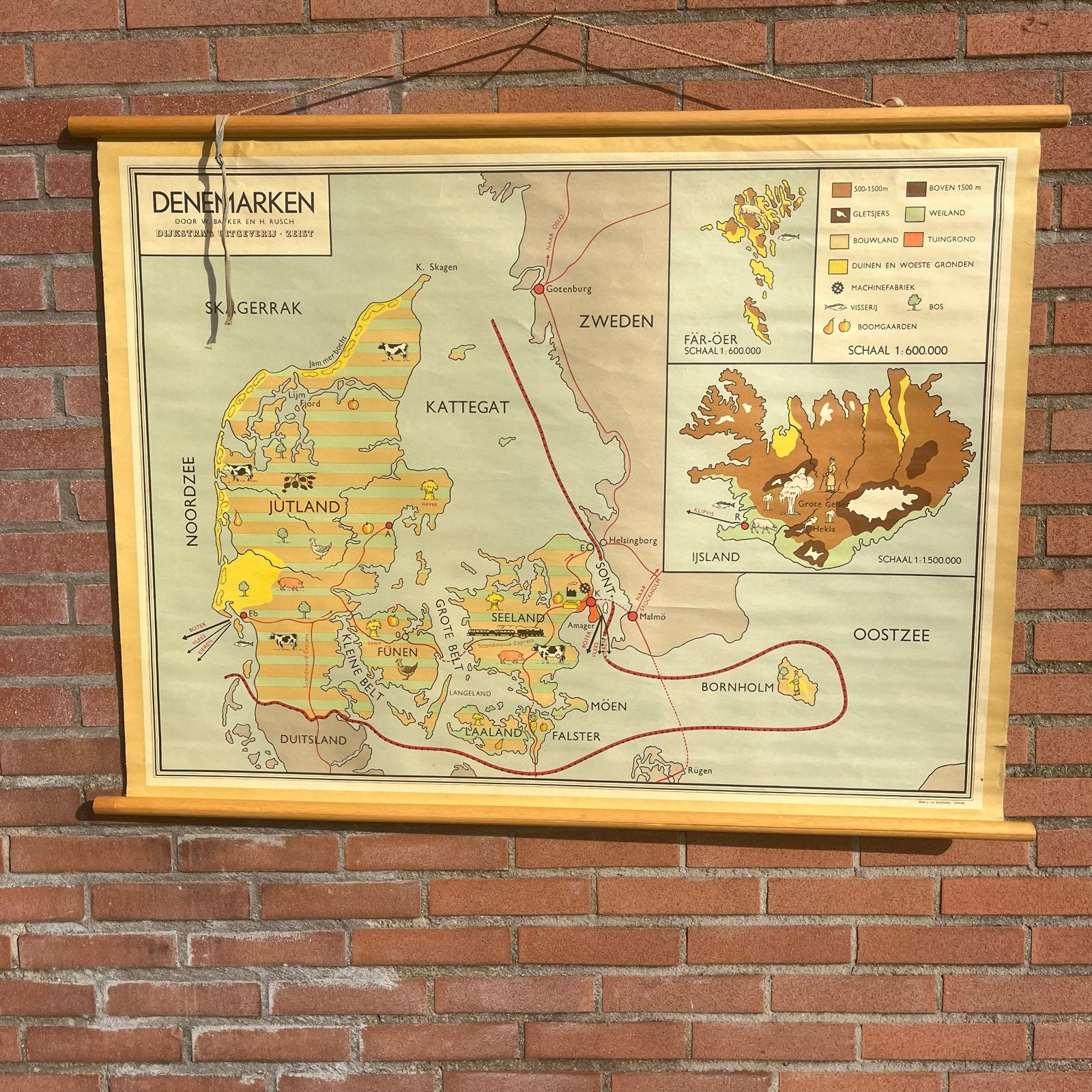 Vintage schoolkaart Denemarken, Faeröer en IJsland, Ophalen of Verzenden