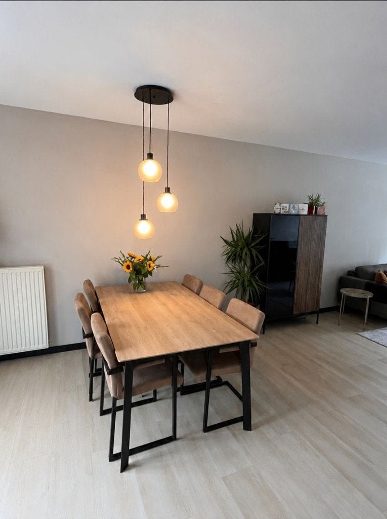 Eettafel met beige eetkamerstoelen – compl. set, Ophalen, Gebruikt, 100 tot 150 cm, Overige materialen