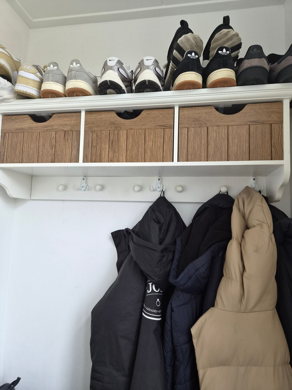 Schoenenrek met kapstok en lades - wit/hout, Huis en Inrichting, Kasten | Schoenenkasten, Gebruikt, Ophalen of Verzenden