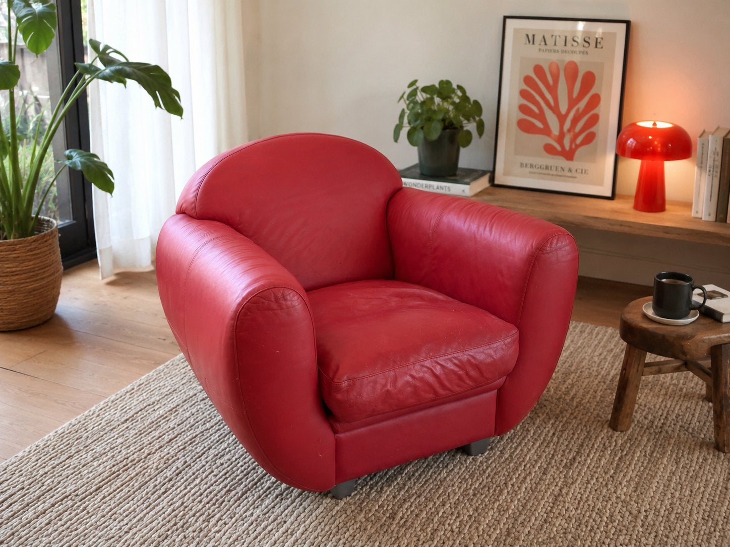 Rode Leren Fauteuil Design Lounge Stoel Vintage, Ophalen, Gebruikt, Leer, Eén
