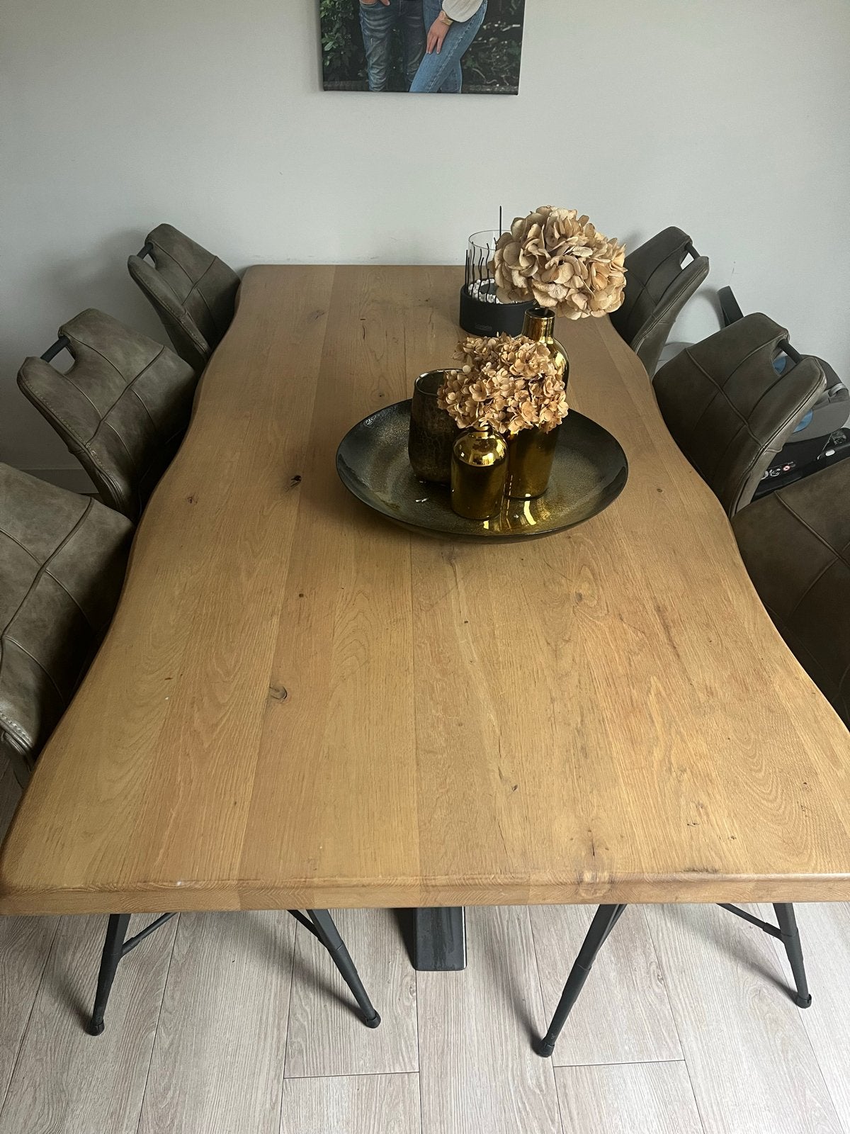 Eiken boomstamtafel 200x100 cm met 6 taupe stoelen, Ophalen, Gebruikt, 100 tot 150 cm, Eikenhout
