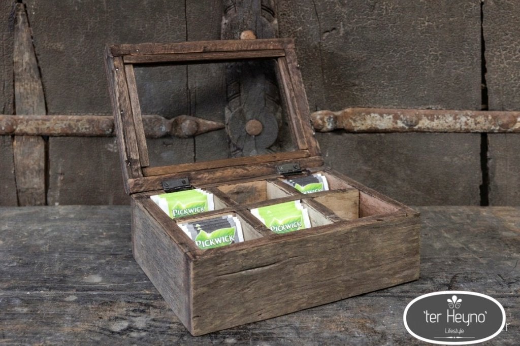 Houten theedoos teabox oud hout thee stoer sober landelijk, Ophalen of Verzenden, Nieuw, Bruin, Hout