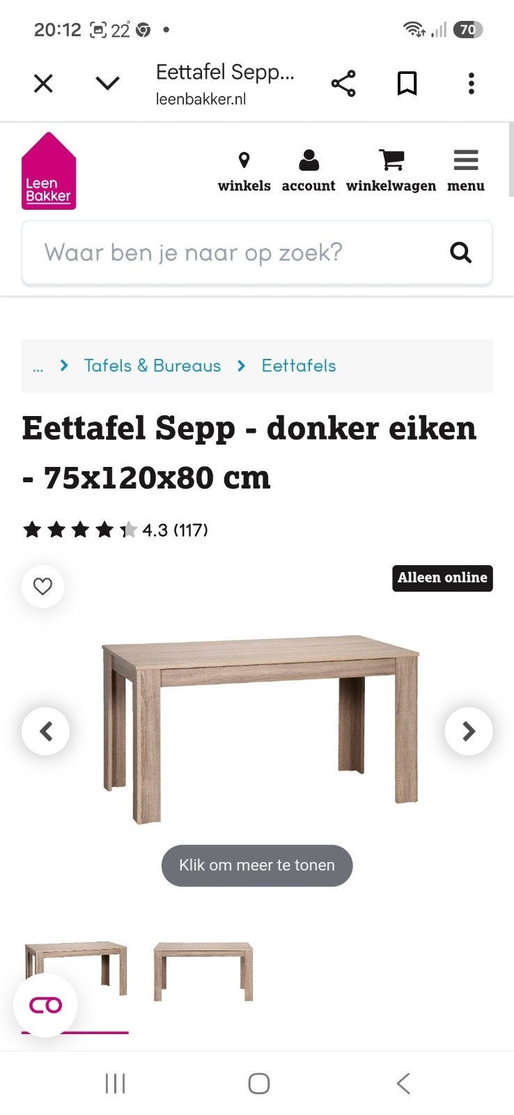 Eettafel 120 x 80 x 75 hoog zgan. Sepp, Ophalen, 100 tot 150 cm, Zo goed als nieuw, 25 tot 50 cm