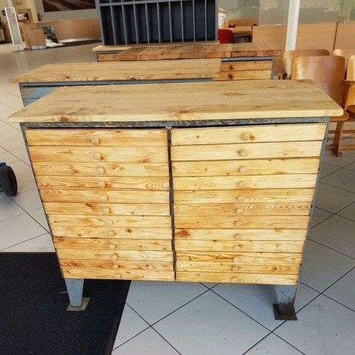 Stoere stalen ladekast , werkbank , dressoir, Ophalen, Gebruikt, Teakhout, 150 tot 200 cm