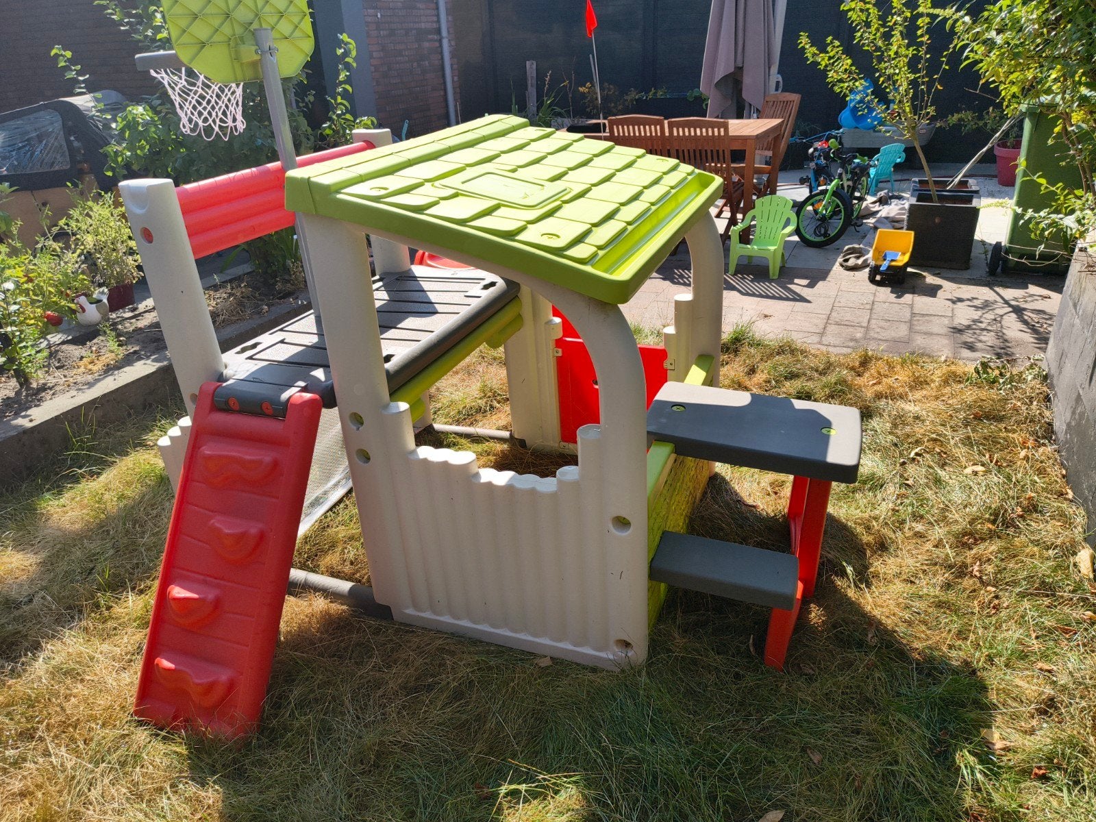 Smoby Fun Center Speelhuis met Glijbaan en Basketbalring, Ophalen, Gebruikt, Klimwand