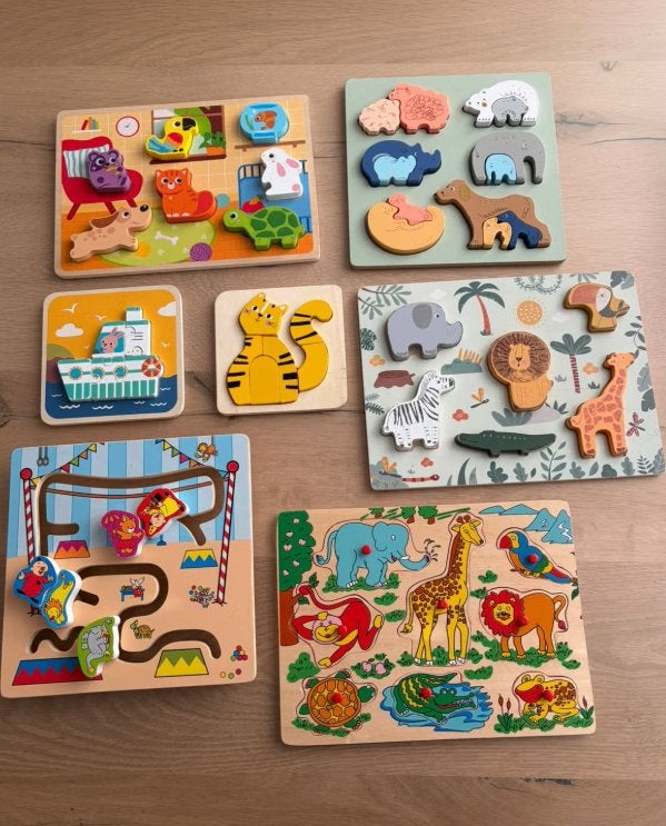 Zeven houten puzzels, Ophalen, Minder dan 10 stukjes, Gebruikt, 6 maanden tot 2 jaar