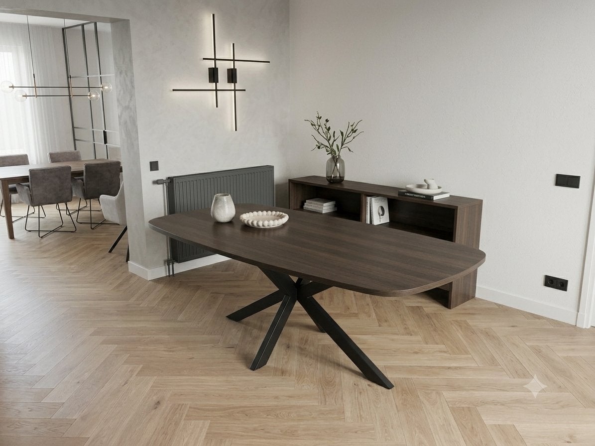 Eettafel, Deens ovaal, walnoot kleur, nieuw, 210x110x77, Huis en Inrichting, Ophalen, 100 tot 150 cm, 200 cm of meer, Zo goed als nieuw