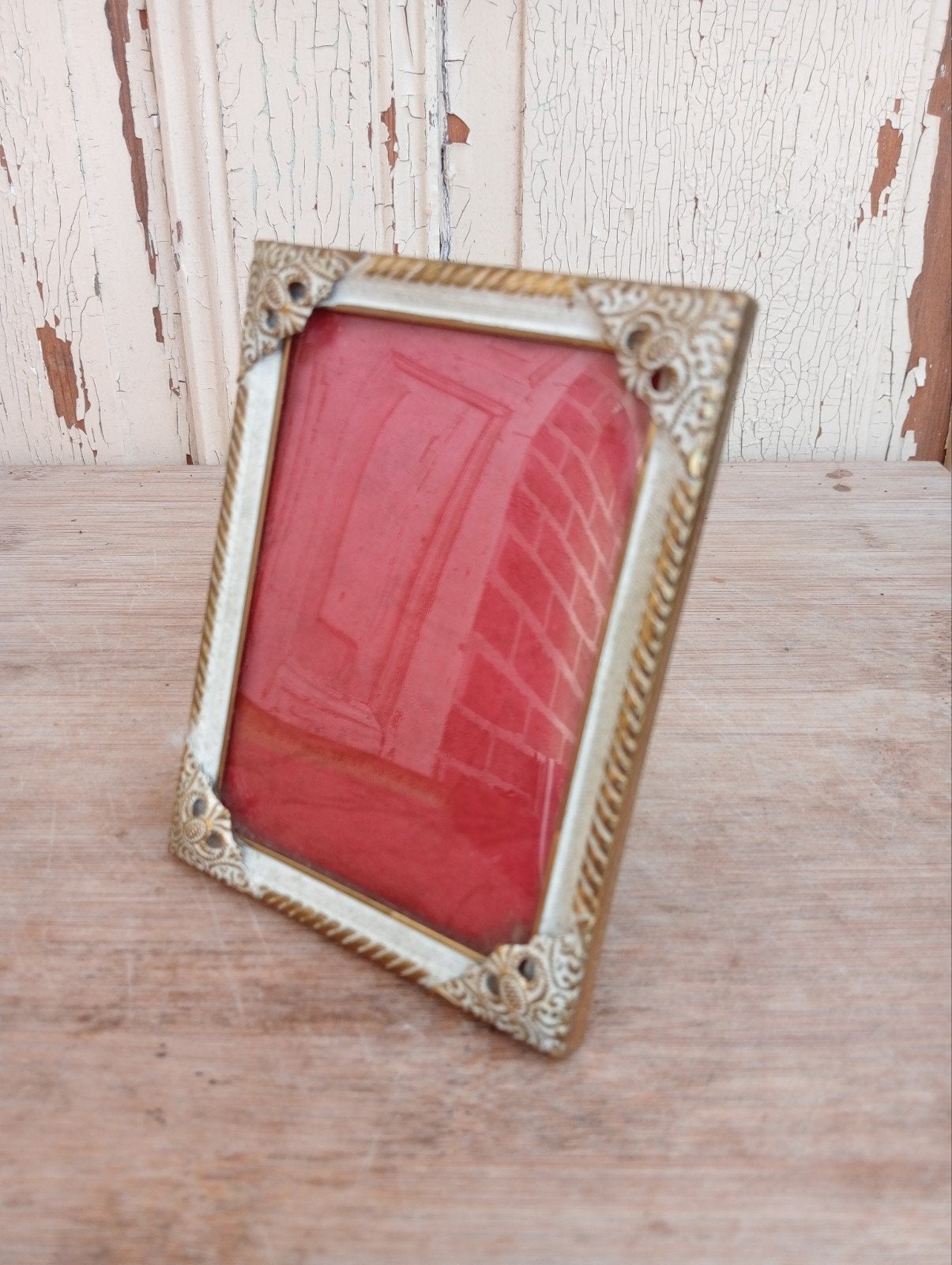 Deens design fotolijstje met bol glas, Gebruikt, Ophalen of Verzenden, Fotolijst, Metaal