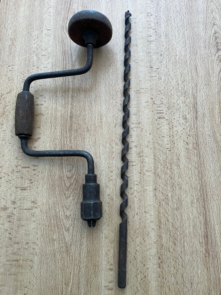 Antieke handboor met houtboor, Ophalen of Verzenden