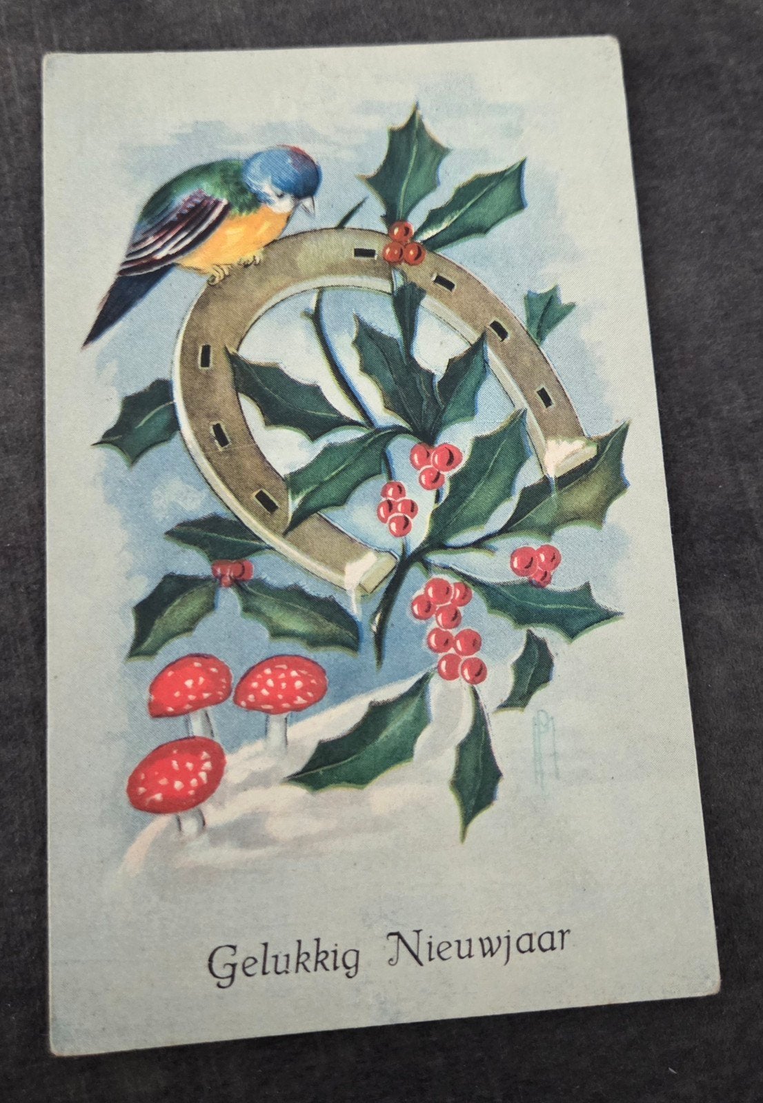 Gelukkig Nieuwjaar Ansichtkaart - Vogel, Hoefijzer, Huls, Verzenden, 1920 tot 1940, Gelopen, Feest(dag)