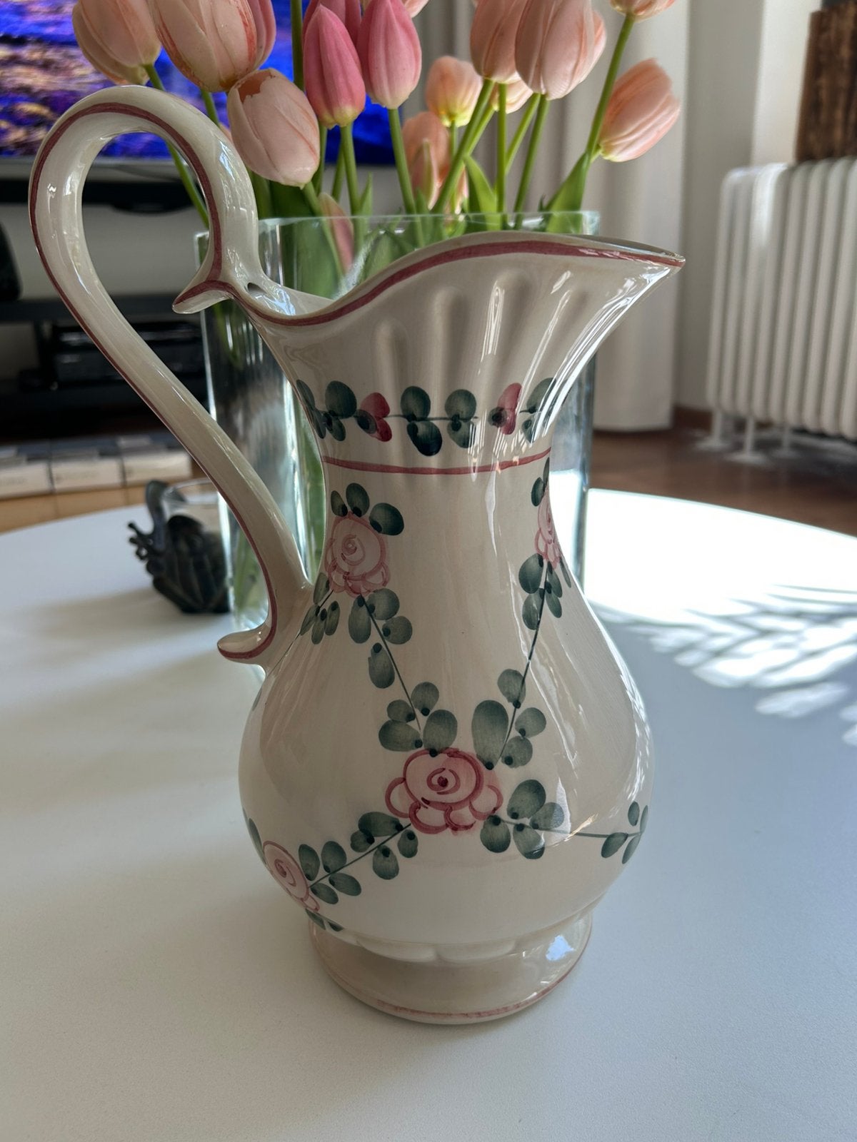 Schitterende vintage lampetkan beige /rose/groen, Ophalen