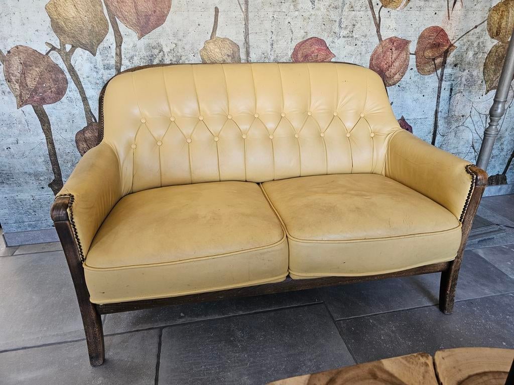 Vintage, Art deco leren 2-zits bank en fauteuil, zitbankje, Huis en Inrichting, Banken | Bankstellen, Zo goed als nieuw, Tweepersoons