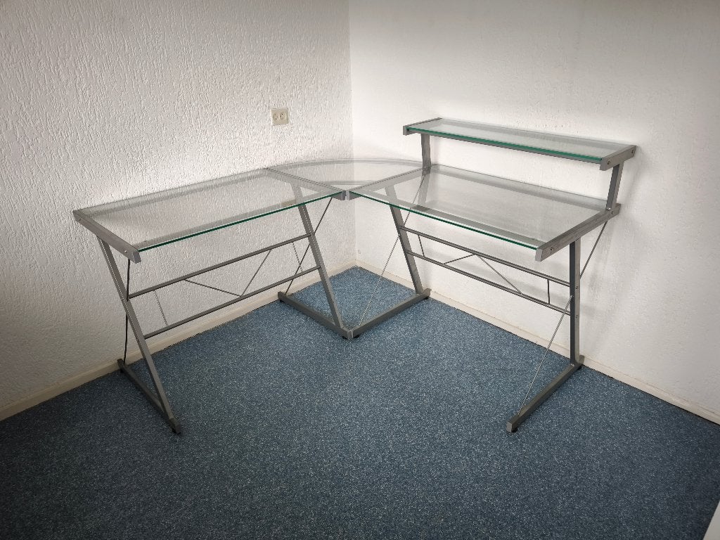 glazen hoekbureau, Huis en Inrichting, Bureaus, Ophalen, Gebruikt, 150 cm, Metaal