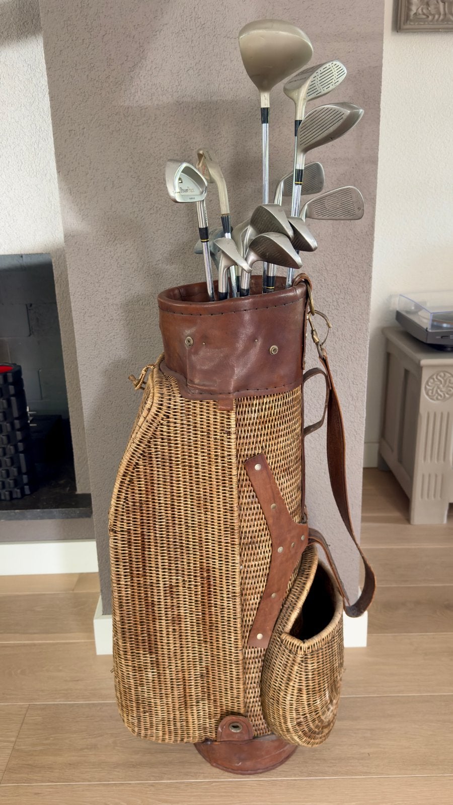 Vintage rieten/leren golftas met golfclubs, Ophalen, Gebruikt, Set, Overige merken