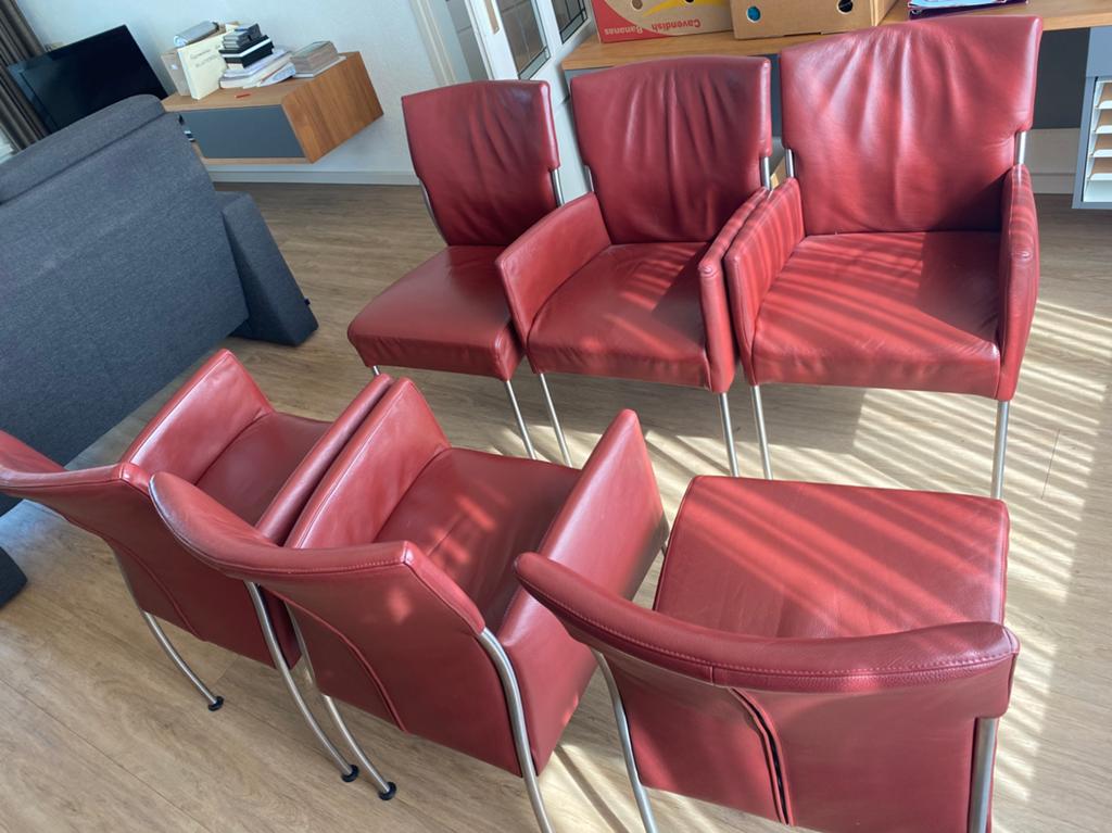 Eetkamerstoelen rood leer, 6 stuks, Huis en Inrichting, Ophalen, Gebruikt, Leer, Vijf, Zes of meer stoelen