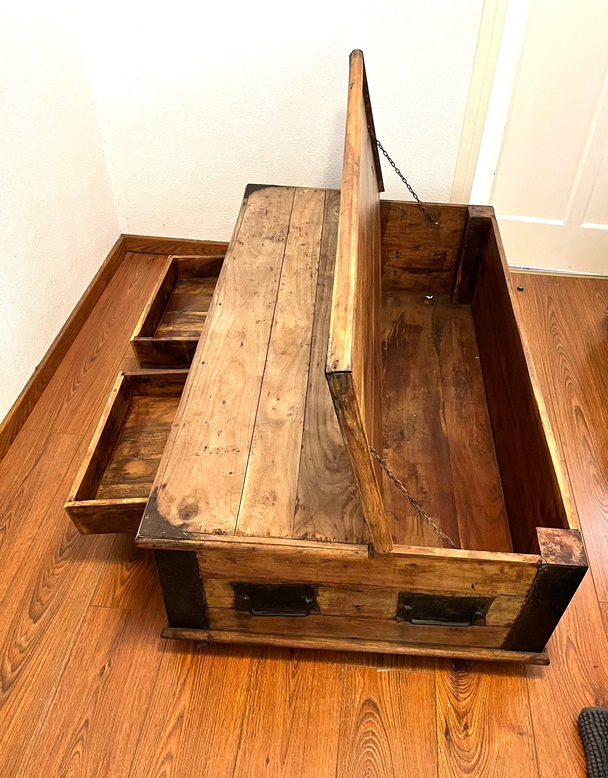 Tafel kist met opbergruimte teakhout salontafel, Huis en Inrichting, Ophalen, 100 tot 150 cm, Teakhout, Zo goed als nieuw