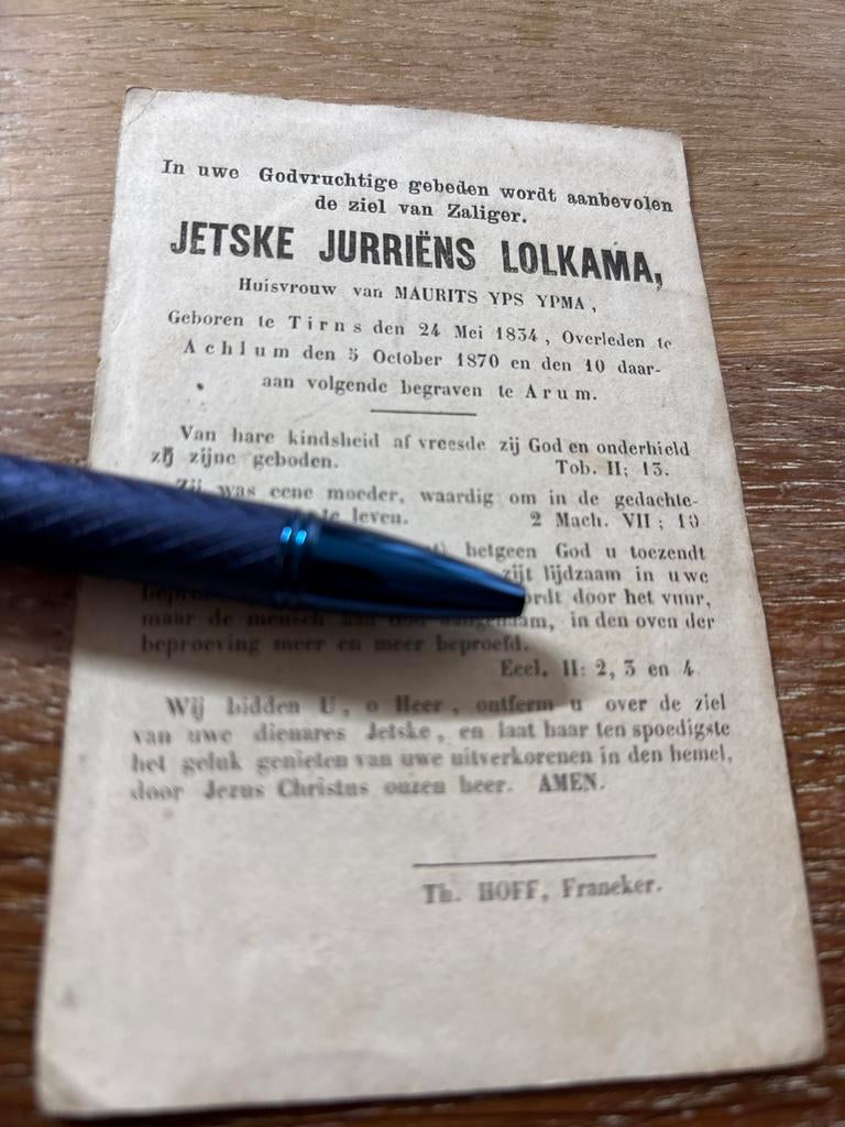zeer oud - Lolkama Jetske 1834 Tirns 1870 Achlum x Ypma, Verzamelen, Bidprentjes en Rouwkaarten, Ophalen of Verzenden, Bidprentje