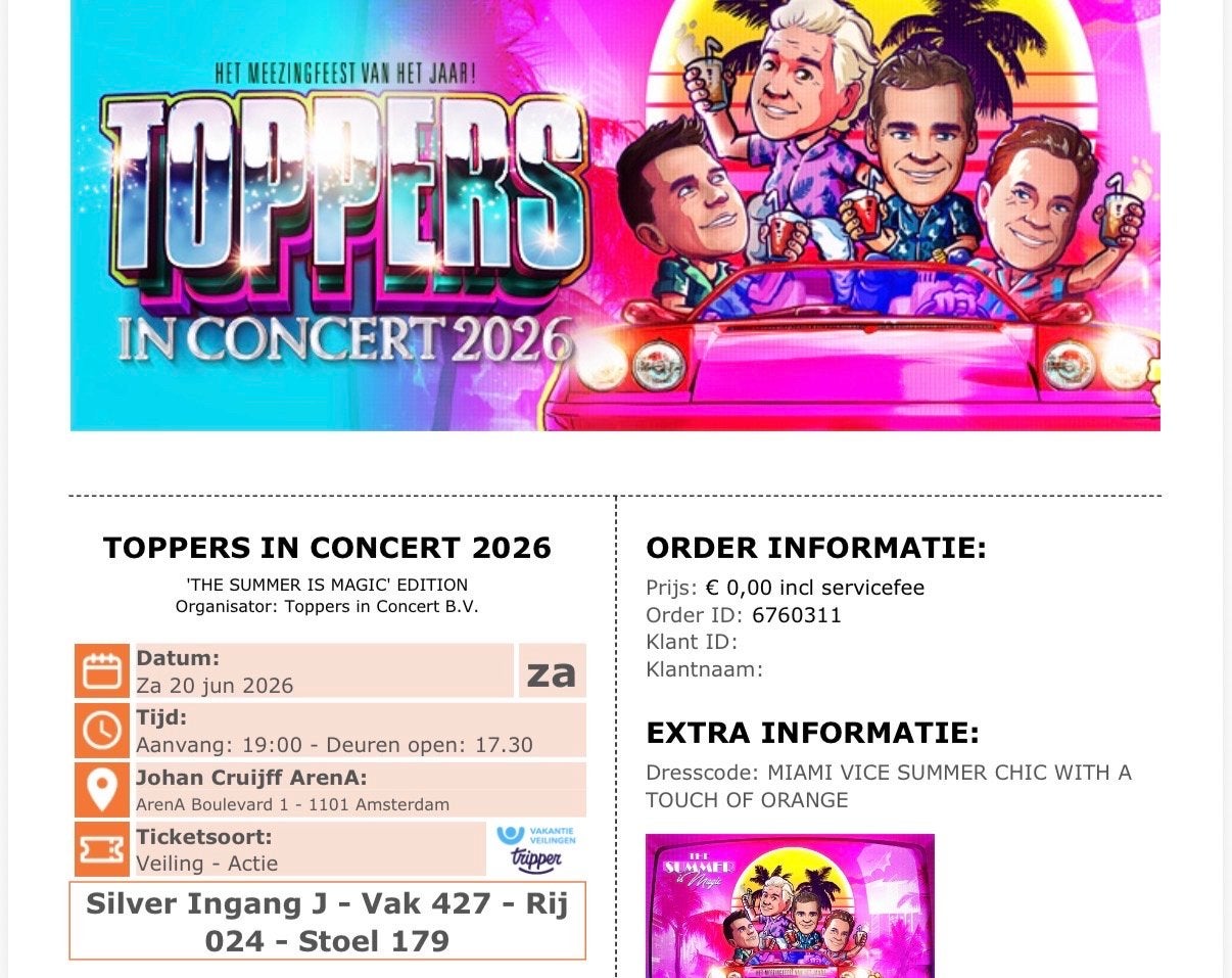 2x Tickets Toppers in Concert aankomende Zaterdag 20 Juni, Twee personen, Juni