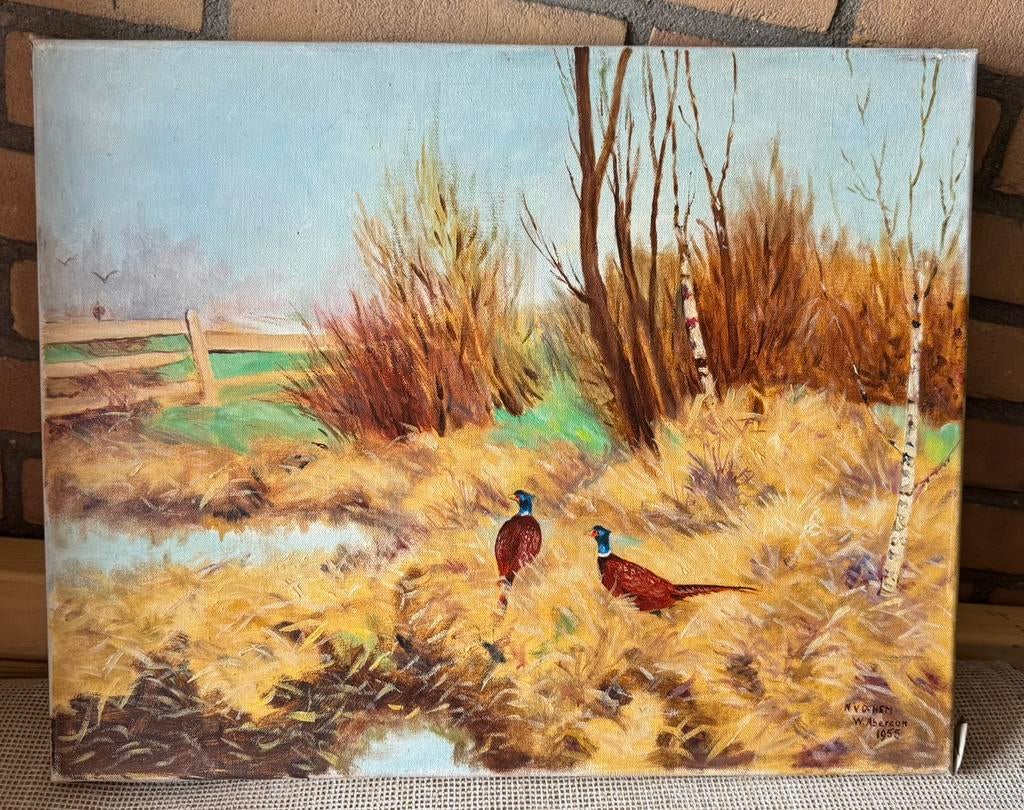 Antiek olieverf schilderij W.H. Aberson - Twee fazanten 1955, Antiek en Kunst, Kunst | Schilderijen | Abstract, Ophalen of Verzenden