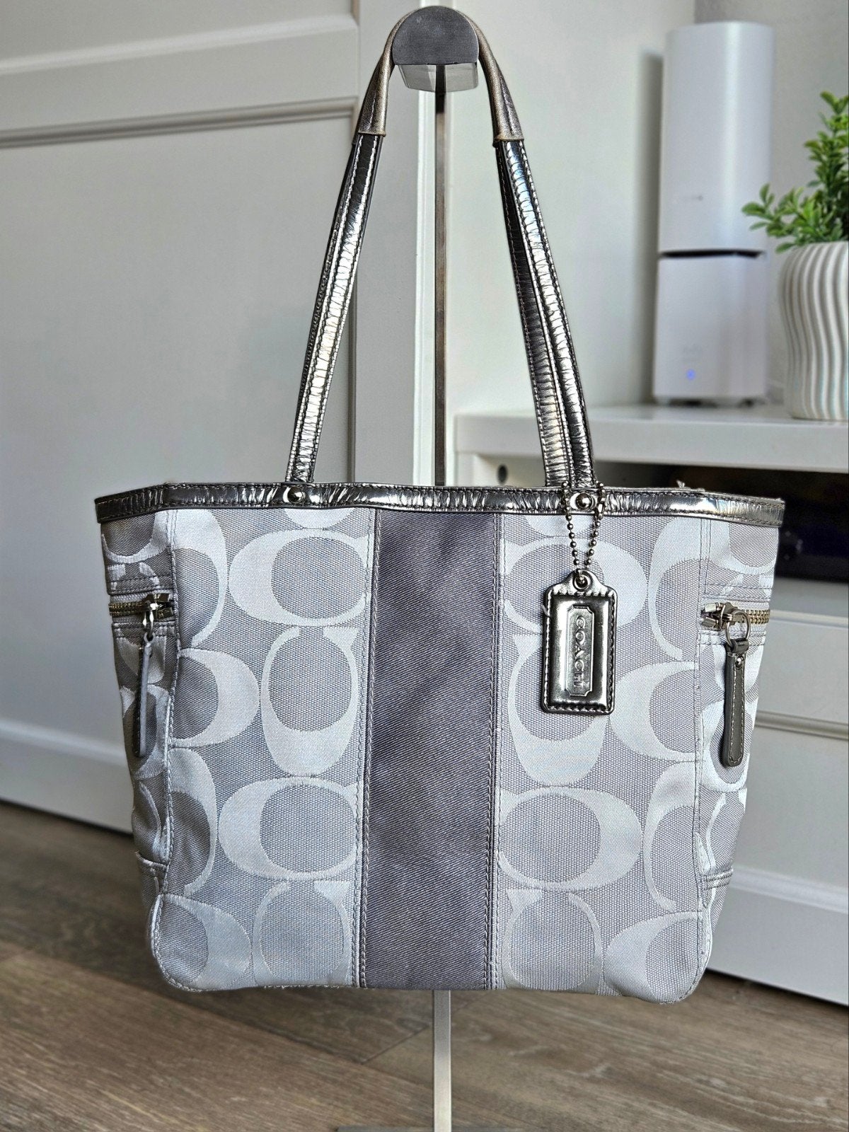 Coach Signature Canvas Shopper Handtas Grijs/Zilver, Ophalen of Verzenden, Zo goed als nieuw, Grijs, Shopper