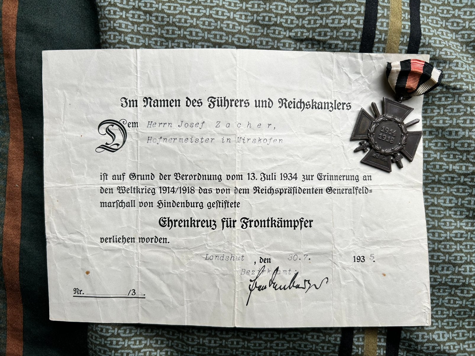 Frontkämpfer oorkonde + medaille, Ophalen of Verzenden, Landmacht, Duitsland, Lintje, Medaille of Wings