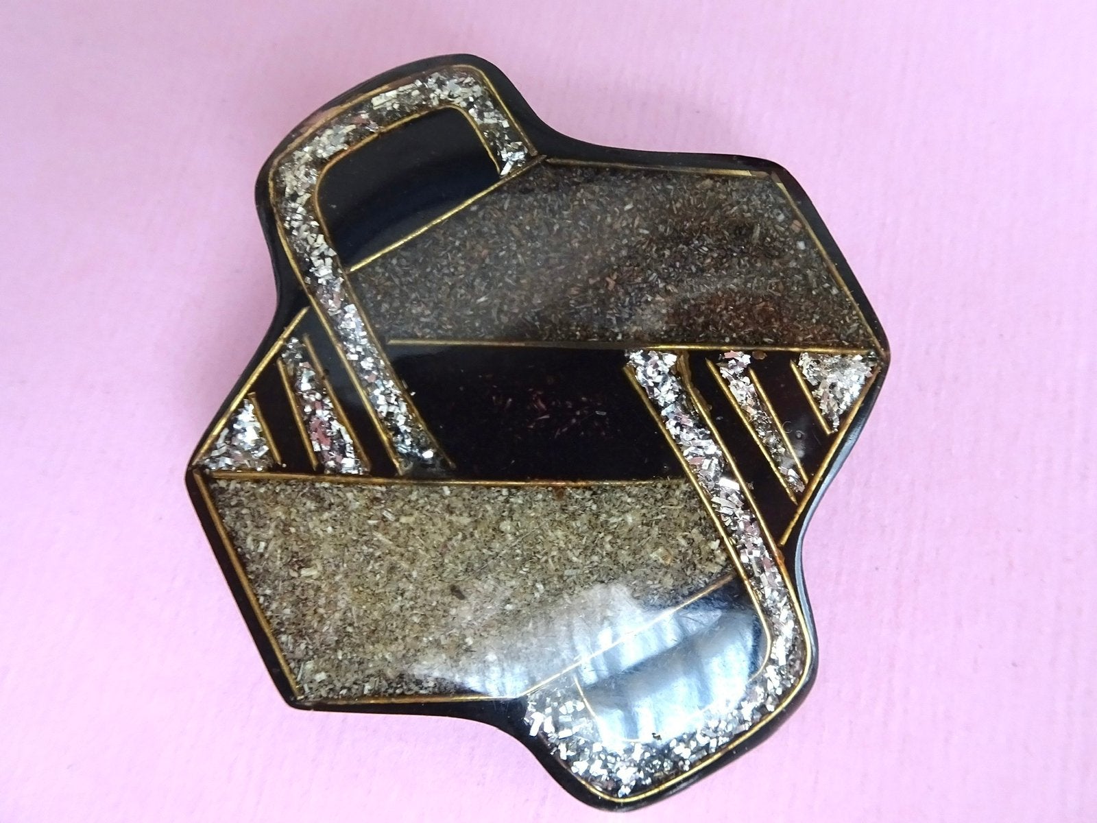 jwg Grote vintage 70s 80s Art Deco stl abstract broche zwart, Verzenden, Overige materialen, Broche