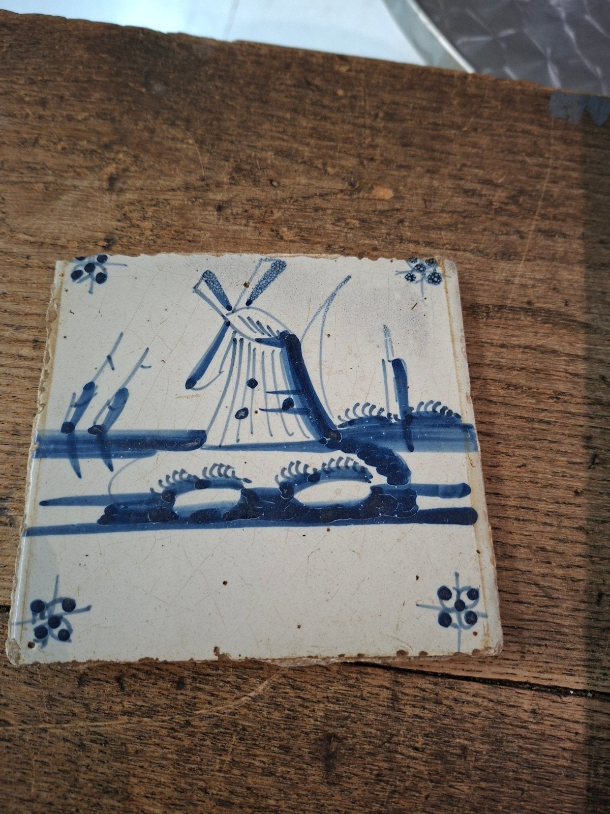 Antieke Delfts Blauwe Tegel met Molenmotief, Ophalen