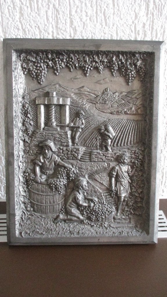 Reliëf wanddecoratie druivenoogst, Metaal, Zilver, Decoratieobject, Zo goed als nieuw