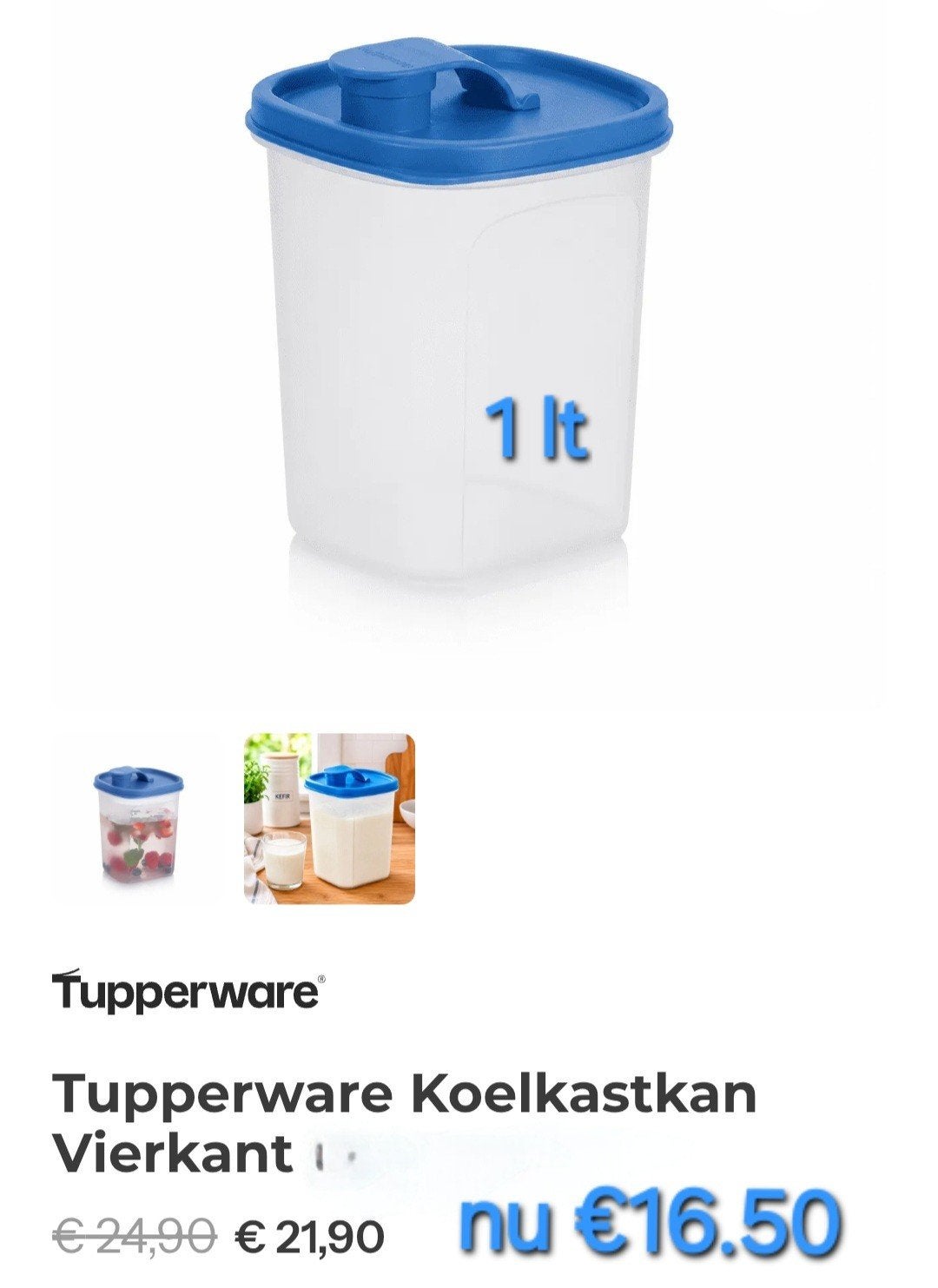 Tupperware Koelkastkan Vierkant 1L - Blauw, Blauw, 500 ml, Beker of Kan, Nieuw