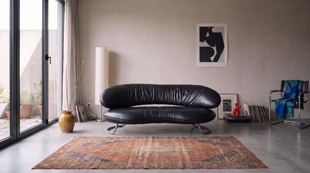 Vintage leren designbank jaren 80 - zwart, chroom onderstel, Ophalen, Gebruikt, 150 tot 200 cm, Tweepersoons